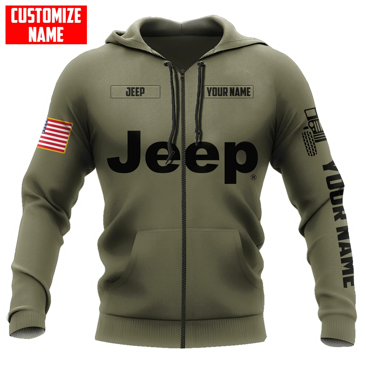 Sweat à capuche unisexe Jeep Custom Name Olive imprimé 3D sur toute la surface