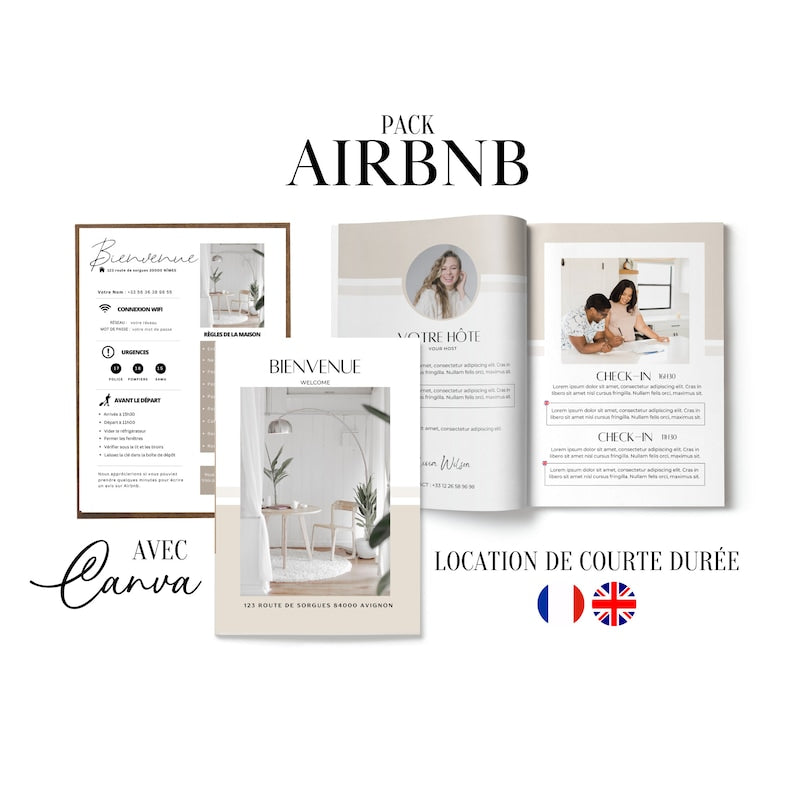 Guide de bienvenue Airbnb bilingue : livret et affiche de 20 pages (français/anglais)