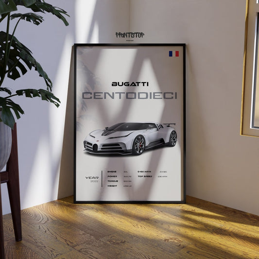 Affiche de supercar Bugatti Centodieci : décoration murale automobile pour les amateurs de voitures