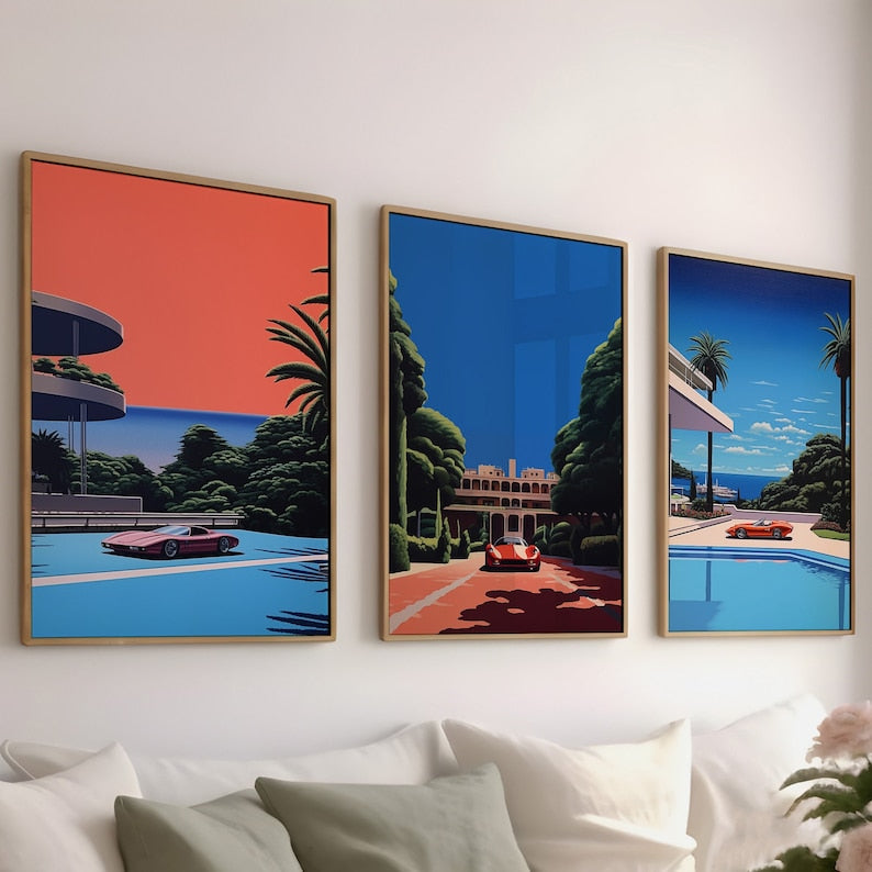 Hiroshi Nagai's Digital Ferrari Art: Retro Car Decor Trio