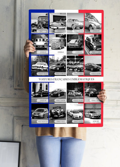 Affiche de voitures françaises emblématiques 2024 : collage vintage de Renault, Peugeot, Alpine, Citroën