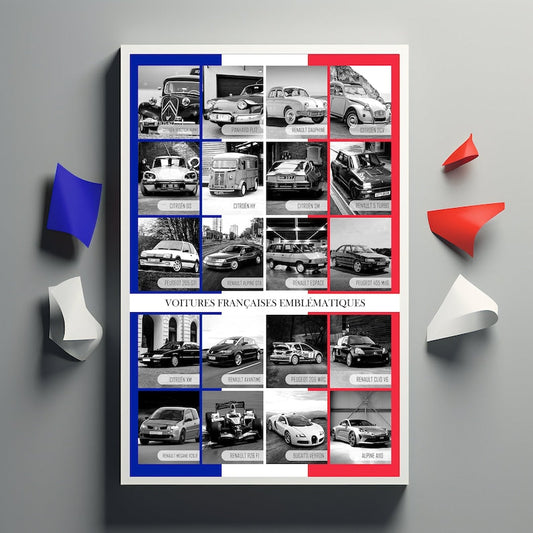 Affiche de voitures françaises emblématiques 2024 : collage vintage de Renault, Peugeot, Alpine, Citroën