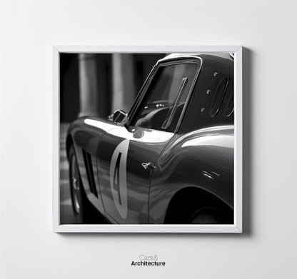 Ferrari GTO classique : affiche automobile minimaliste en noir et blanc