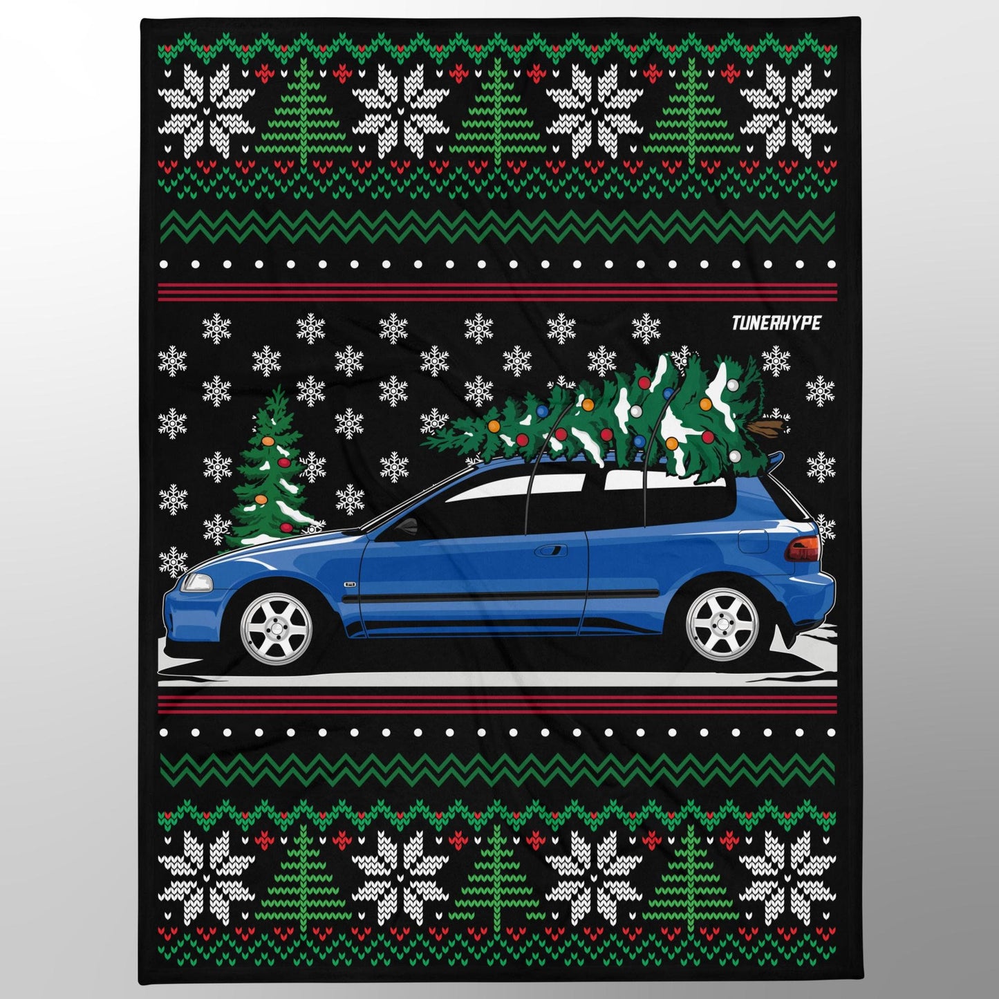 Ugly Christmas Blanket - Honda Civic EG on Volks - Ugly Xmas Sweater, Car Guy Holiday Gift, Funny Christmas Gift, Ugly Christmas Sweater