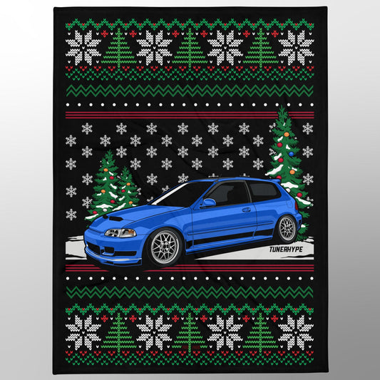 Ugly Christmas Blanket - Honda Civic EG Captiva Blue - Ugly Xmas Sweater, Car Guy Holiday Gift, Funny Christmas Gift, Ugly Christmas Sweater