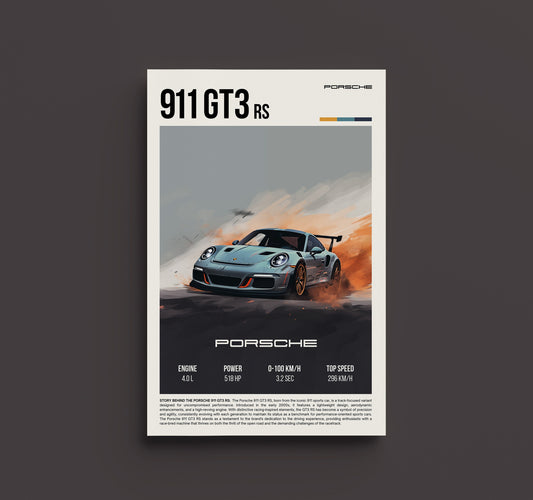 Porsche 911 GT3 RS Art - Retro Sports Car Poster, High-Performance Enthusiast Decor, Nostalgic Garage Wall Print, JDM Guys