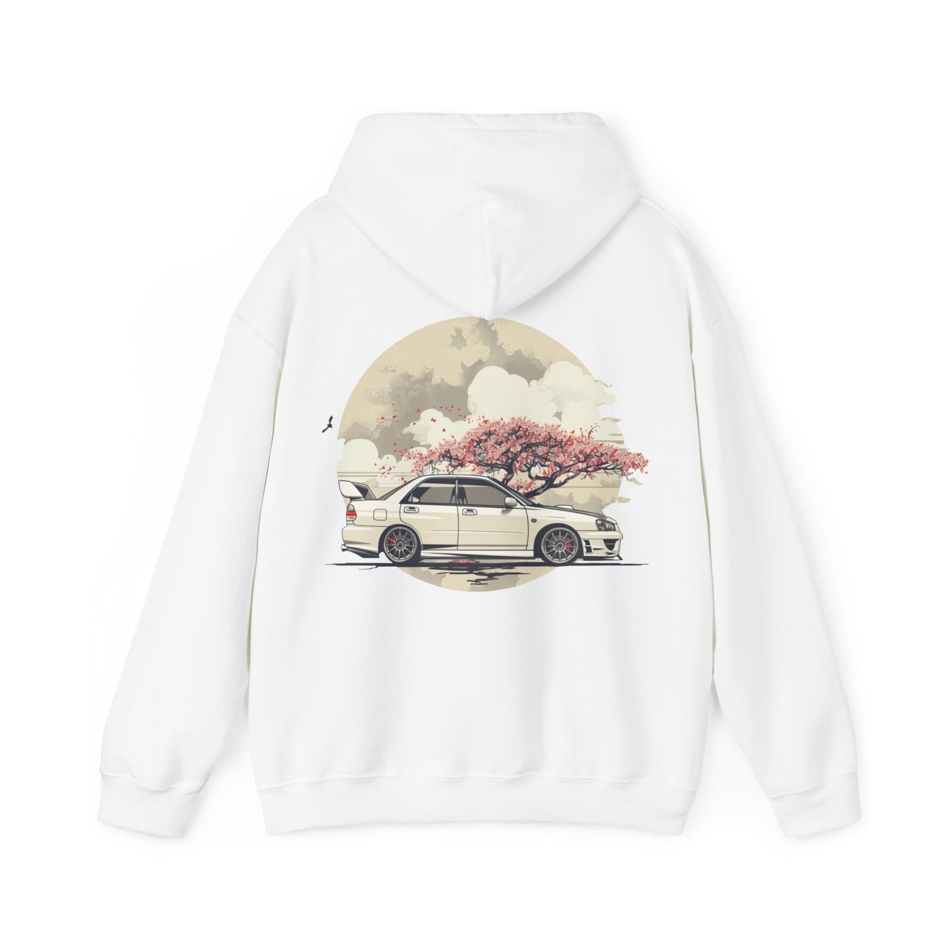 JDM White Subaru WRX STI Hoodie Clean and Simple Aesthetic with Cherry Blossom Background